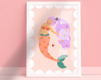 Purple Haired Mermaid Print, Kids Mermaid Room, Kids Art Prints, Fun Art Print, Colourful Rainbow Poster, A5, A4, A3 Kids Wall Art,