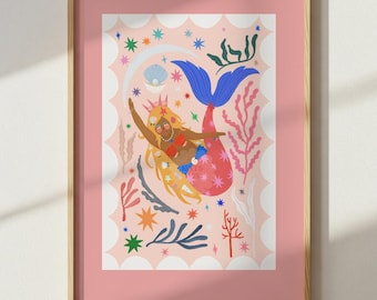 Mermaid with Red Tail,  Art Print: Colorful Kids Room Decor