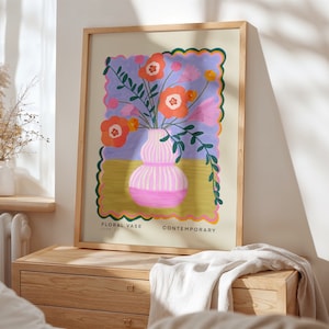 Jarrón maximalista lila, arte colorido y peculiar dibujado a mano, jarra, arte colorido, impresión artística brillante y colorida, impresión de arte moderno, flores, floral