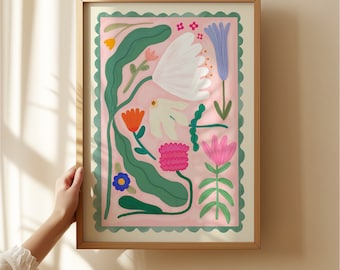 In Bloom, Hand Drawn Abstract Flower Drawing, Floral Art Print, Maximalist Art Print, Colourful Home Decor, Pink Home Decor, Floral Home Art