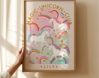 Personalisierte Einhorn Club Print: Regenbogen Kinderzimmer Kunst