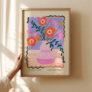 Jarrón maximalista lila, arte colorido y peculiar dibujado a mano, jarra, arte colorido, impresión artística de colores brillantes, impresión artística moderna, flores, floral