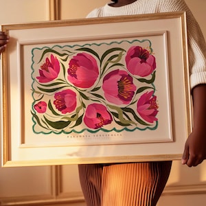 Peonía de verano horizontal, arte colorido y peculiar dibujado a mano, peonías, arte colorido, impresión brillante y colorida, impresión de arte moderno, pared de galería,