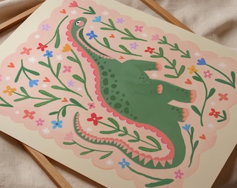 Floral Dinosaur Print: Girls Nursery Art, Rainbow Dino