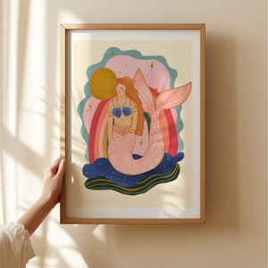 Under the Sea, kids cute mermaid print, cute bathroom print, colourful bathroom print, princess print, hand drawn kids print, little girl,
