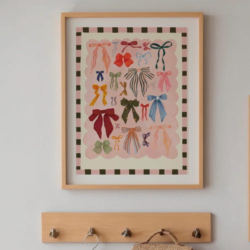 Colourful Bow Art Print, Hand Drawn Wall Art, Pink Coquette Decor