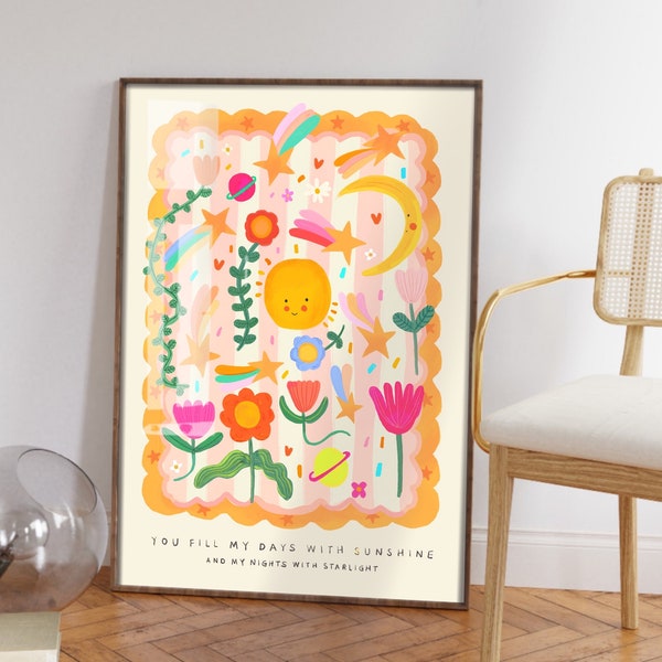 You Are My Sun / Flower illustration / Eco / Nursery Art / Kids Room / Art / Print / Gifts for Her / kids / Flowers / Colour Pop / Bright
