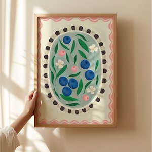 Blaubeere mit Rand, Handgezeichnete Zitrone, Obst Kunstdruck, Maximalist Art Print, Bunt Dekor, Rosa Dekor, Print