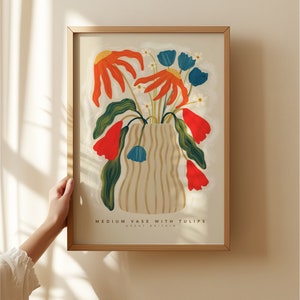 Jarrón de tulipanes, dibujo de flores abstractas dibujado a mano, impresión de arte floral, impresión de arte maximalista, decoración colorida del hogar, decoración moderna del hogar, floral
