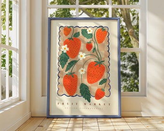 Stampa artistica di fragole: design del mercato della frutta disegnato a mano
