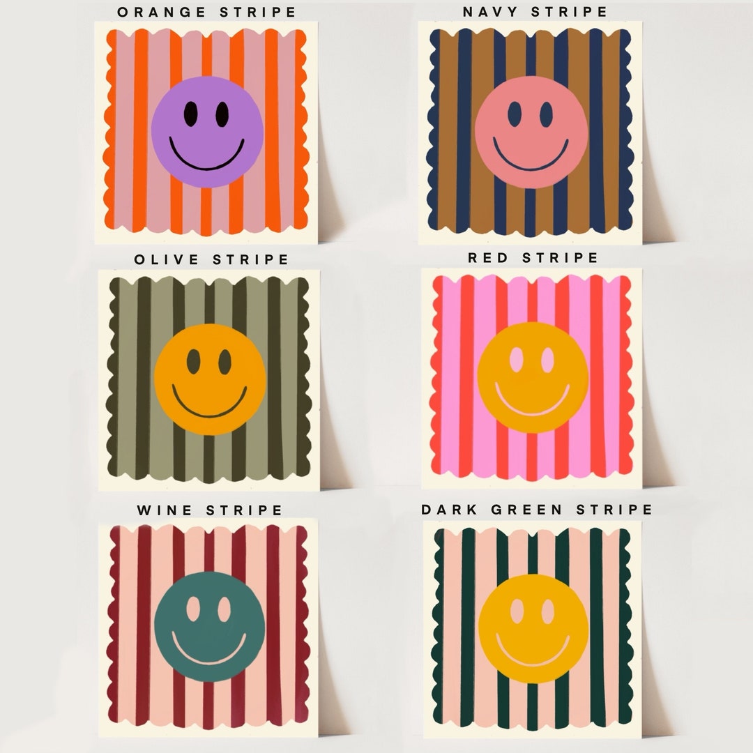 Stripey Smileys, Dopamine Decor, Maximalist, Colourful Wall Art, Smiley