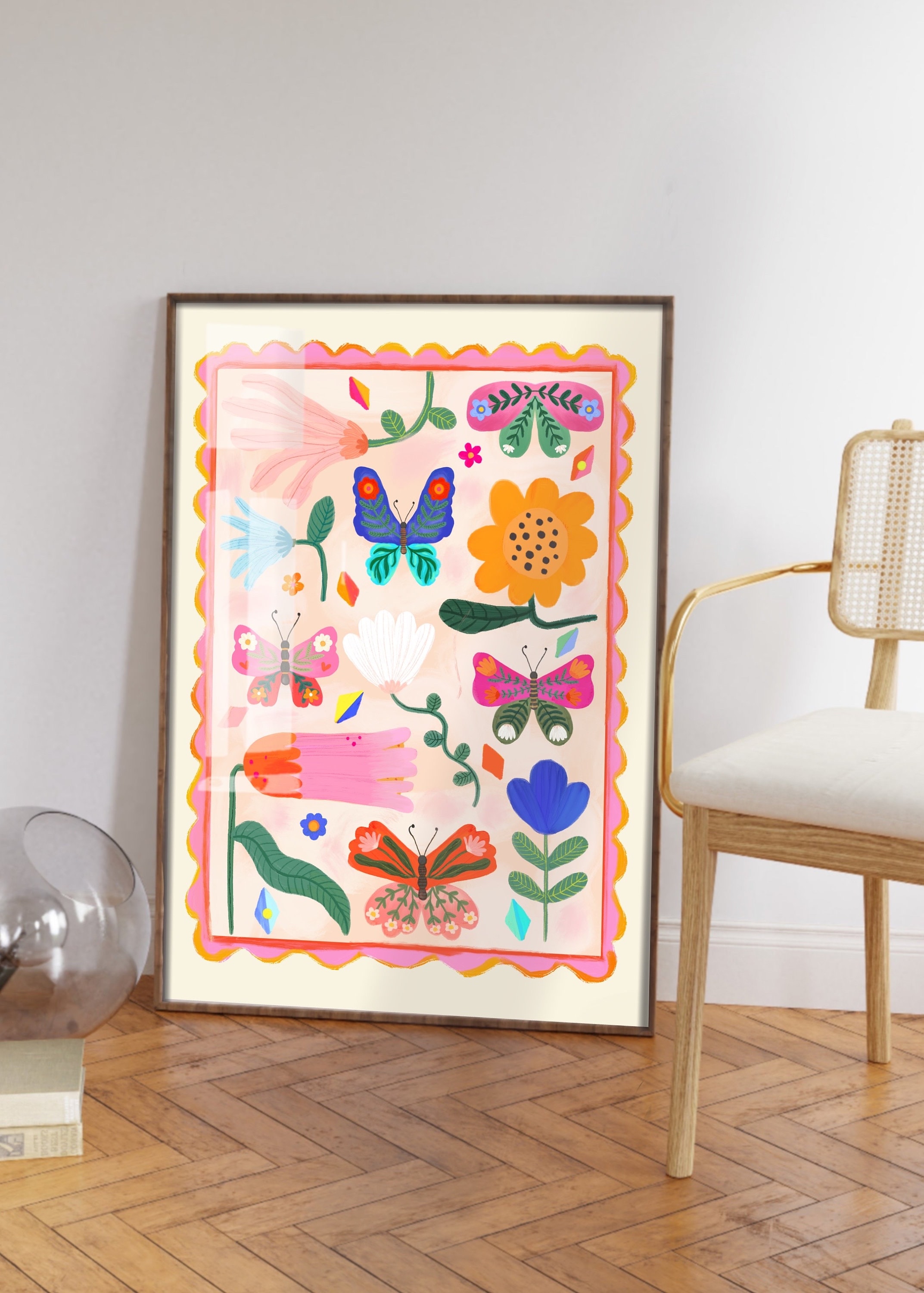 Butterflies and Flowers Print / Flower illustration / Eco / Nursery Art / Kids Room / Art / Print / kids / Flowers / Colour Pop