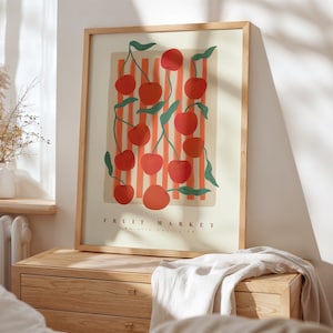 Cereza del mercado de frutas, dibujo de cereza dibujado a mano, impresión artística de frutas, impresión artística maximalista, decoración colorida del hogar, decoración moderna del hogar, impresión