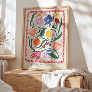 Fleurs d'été, dessin de fleurs abstraites dessinés à la main, impression d'art floral, impression d'art maximaliste, décoration d'intérieur colorée, décoration d'intérieur rose,