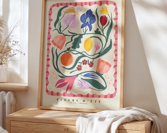 Abstracte bloemenkunstprint: kleurrijk maximalistisch interieur