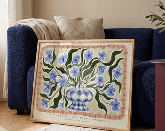 Harlequin Vasr Art Print: KateFoxDesign blue Floral Wall Art Landscape, Eclectic, Boho,