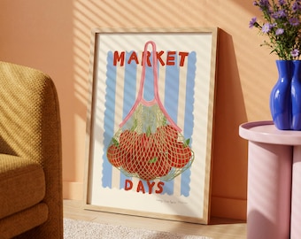 Hand Drawn Market Days Art Apple Print: Colourful Fruit Market Decor, Vegetable, Stripes,