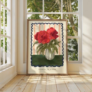 Jarrón de peonías, dibujo de flores abstractas dibujado a mano, impresión de arte floral, impresión de arte maximalista, decoración colorida del hogar, decoración del hogar rosa, floral