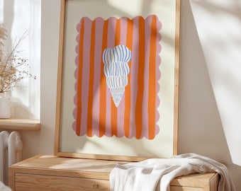 Blue Striped Shell Art Print: Hand Drawn Maximalist Home Decor