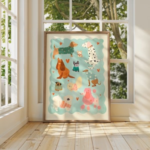 Puppy Love Blue / kids dog illustration / Nursery Art / Kids Room  / Print / Gifts for Her / kids / dog poster / Colour Pop / Bright