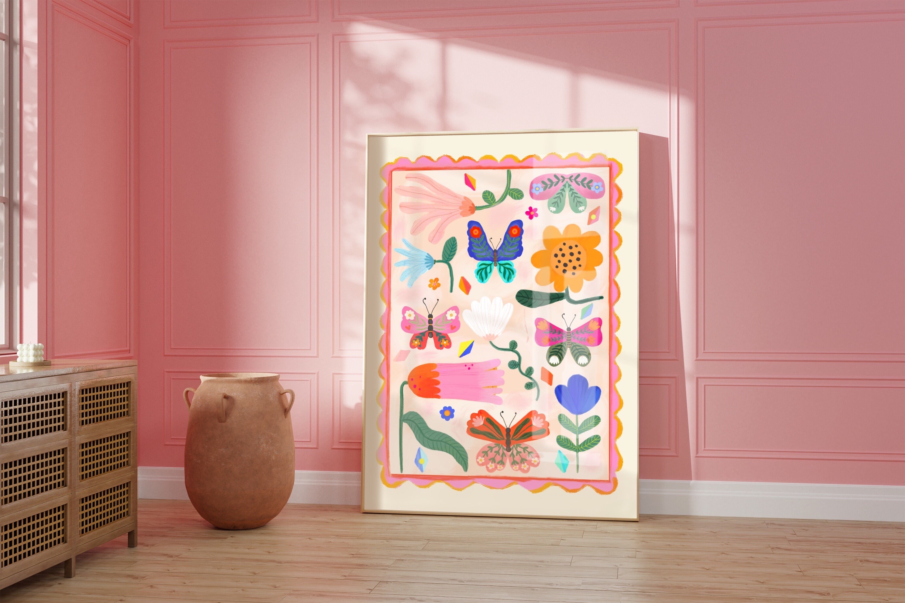Butterflies and Flowers Print / Flower illustration / Eco / Nursery Art / Kids Room / Art / Print / kids / Flowers / Colour Pop