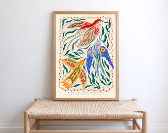 Three Little Birds Illustration Art Print - KateFoxDesign Botanical Wall Art