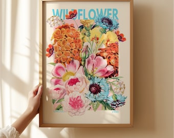 Puede incluir: Un póster vintage con un diseño floral que presenta un ramo de flores rosas, naranjas y azules. El póster tiene el texto "WILD FLOWER" en letras azules y el texto "UNCUL" y "1980" en letras azules más pequeñas.