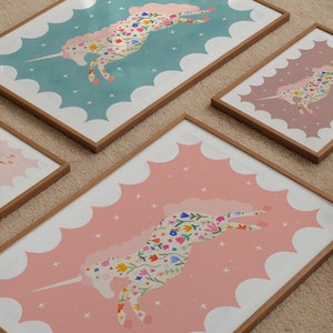 Hermoso estampado de unicornio, habitación infantil de unicornio, impresiones artísticas para niños, impresión artística divertida, póster de arcoíris colorido, arte de pared infantil A5, A4, A3.