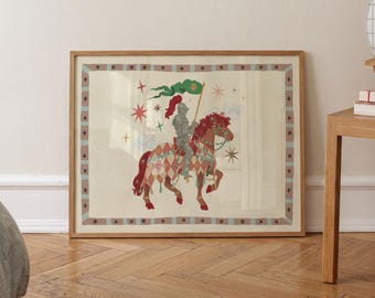 Il nostro coraggioso cavaliere, fiaba, stampa di un cavallo magico: opera d'arte da parete disegnata a mano