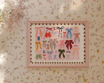 Colorful Bows Art Print Landscape: Hand Drawn Coquette Home Decor