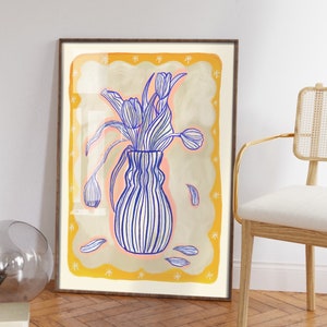 Blue Tulip Vase with yellow border, Colourful Quirky Handrawn Art, Bright Colourful Art Print, Modern Art Print, Gallery Wall, Boho,