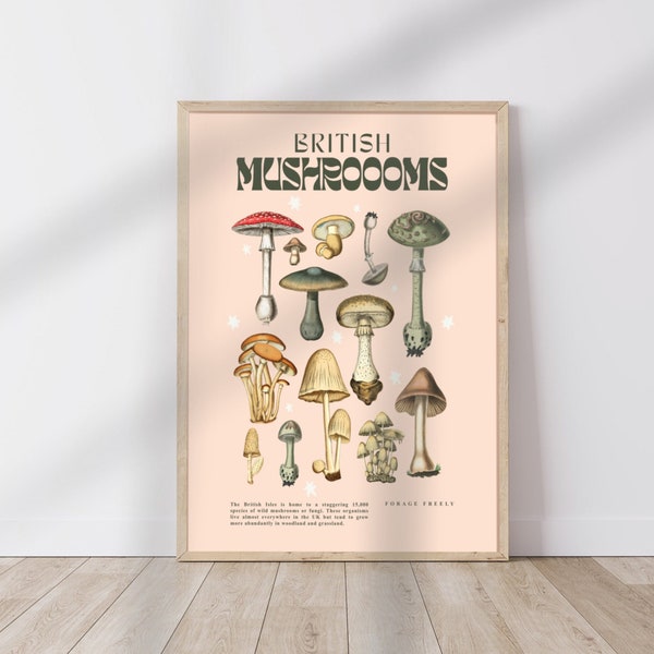 British Mushrooms / mushroom Print / forage Print / Vintage mushroom / Boho Print / Quote Print  / Wall Art / Quirky / pink Print /