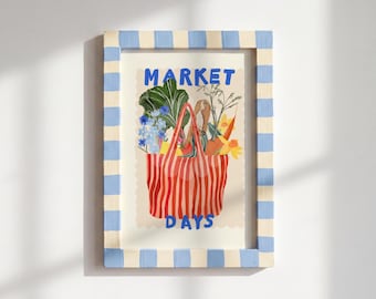 Hand Drawn Market Days Art Print Red: Colourful Fruit Market Decor, Vegetable, Stripes,