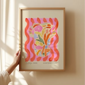 Impresión artística de jarrón, arte colorido y peculiar dibujado a mano, jarra floral, arte colorido, impresión artística de colores brillantes, impresión de arte moderno, pared de galería,