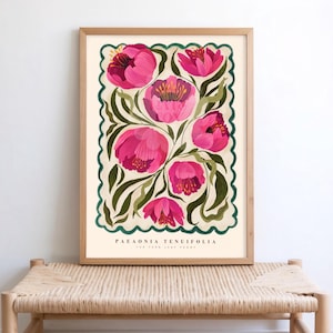 Impression d'art pivoine d'été : illustration florale colorée dessinée à la main
