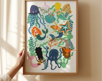 Mermaid Print: Colorful Girls Bedroom Poster, KateFoxDesign