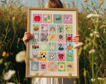 Welsh Alphabet, Pastel, Pink, Welsh Speaking, Kids A-Z Print: Rainbow ABC Nursery Art