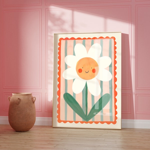 Fleur souriante / Illustration de fleurs / Écologique / Art pour chambre d'enfant / Chambre d'enfants / Art mural / Impression / Cadeaux pour elle / Enfants / Fleurs / Couleur pop / Lumineux