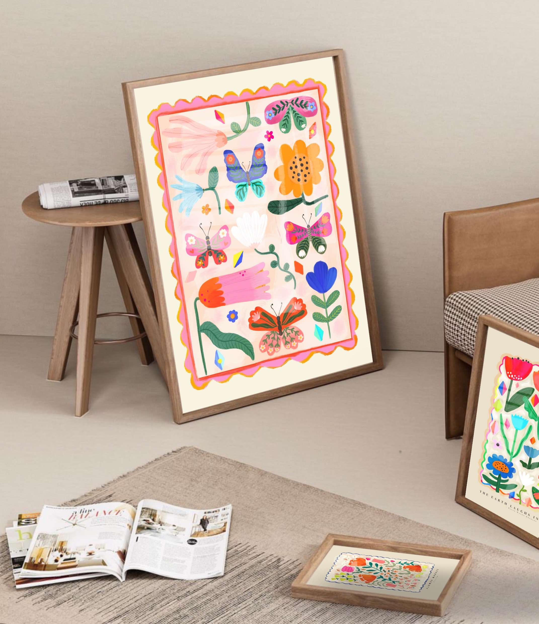 Butterflies and Flowers Print / Flower illustration / Eco / Nursery Art / Kids Room / Art / Print / kids / Flowers / Colour Pop