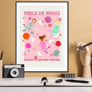 Girls in Space / Space / Nursery Art / Kids Room / Art / Print / Gifts / kids / Rainbow / Colour Pop / Bright / Planets / Universe