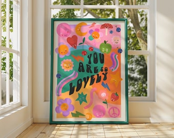 May include: A colourful poster with a green border featuring a variety of cartoon characters and the text "You are so lovely".