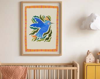 Hummingbird Nursery Art Print: Colorful Jungle Animal Illustration