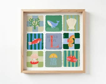 Personalized Ocean Letter Print: Colorful Kids Wall Art, Fish, Shell, Whale