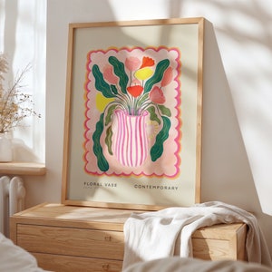 Jarrón floral maximalista rosa, arte colorido y peculiar dibujado a mano, jarra, arte colorido, impresión artística de colores brillantes, impresión de arte moderno, pared de galería,