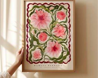 Lámina artística de dalia: ilustración floral colorida dibujada a mano