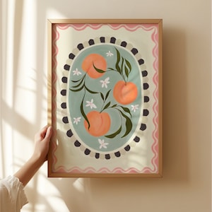 Melocotones con borde, Impresión de melocotón dibujada a mano, Impresión de arte de frutas, Impresión de arte maximalista, Decoración colorida del hogar, Decoración del hogar rosa, Impresión
