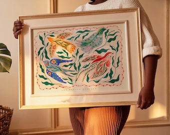 Landschaft, Bunter Vogel Illustration Kunstdruck - KateFoxDesign Botanische Kunst