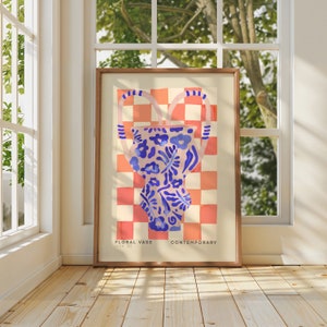 Impresión artística de jarrón azul, arte colorido y peculiar dibujado a mano, jarrón floral, arte colorido, impresión artística de colores brillantes, impresión de arte moderno, pared de galería,