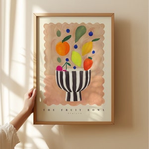 Fruit Bowl, Hand Drawn Fruit Bowl Drawing, Fruit Art Print, Maximalist Art Print, Colourful Home Decor, modern Home Decor, scandi, prints