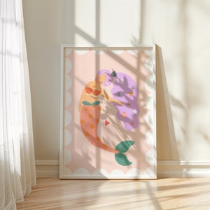 Impresión de sirena de pelo morado, habitación de sirena para niños, impresiones artísticas para niños, impresión artística divertida, póster de arcoíris colorido, arte de pared para niños A5, A4, A3